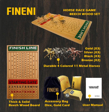 Fineni Horse Racing Game For Adults, Horse Race Board Game With 11 Luxurious Metal Horses (Gold, Silver, Black, Rose Gold), 22” Beech Wood Horse Race Game Board, Dice & Gold Card Included (Beech)
