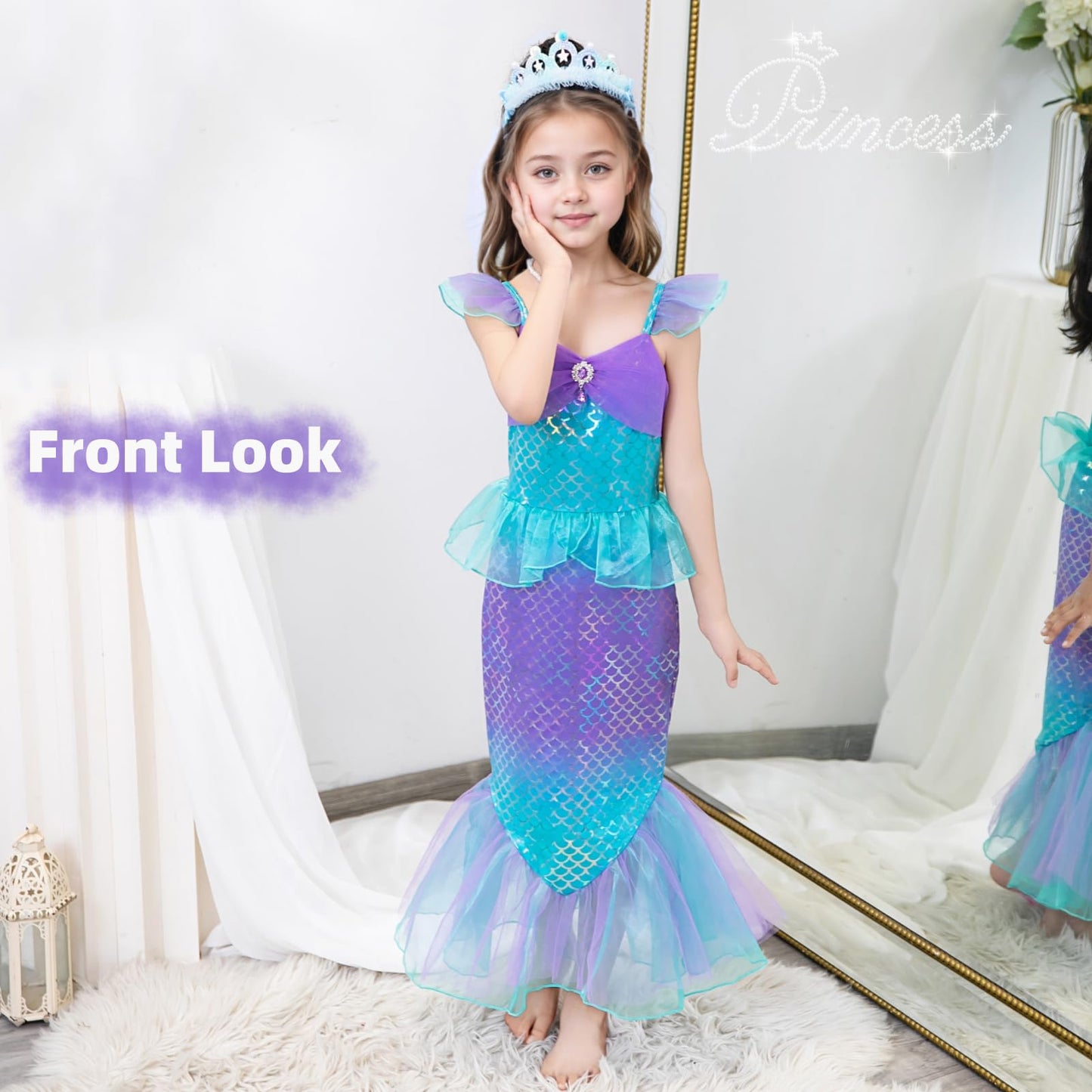 Danvren Princess Dress Up Little Girls Mermaid Tail Costume Toddler Mermaid Dress Halloween Costumes with Crown