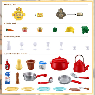 43 Pcs Dollhouse Furniture Kitchen Play Set Miniature Refrigerator With Mini Food Pots And Pans Set Pretend Play Kitchen Accessories Toys
