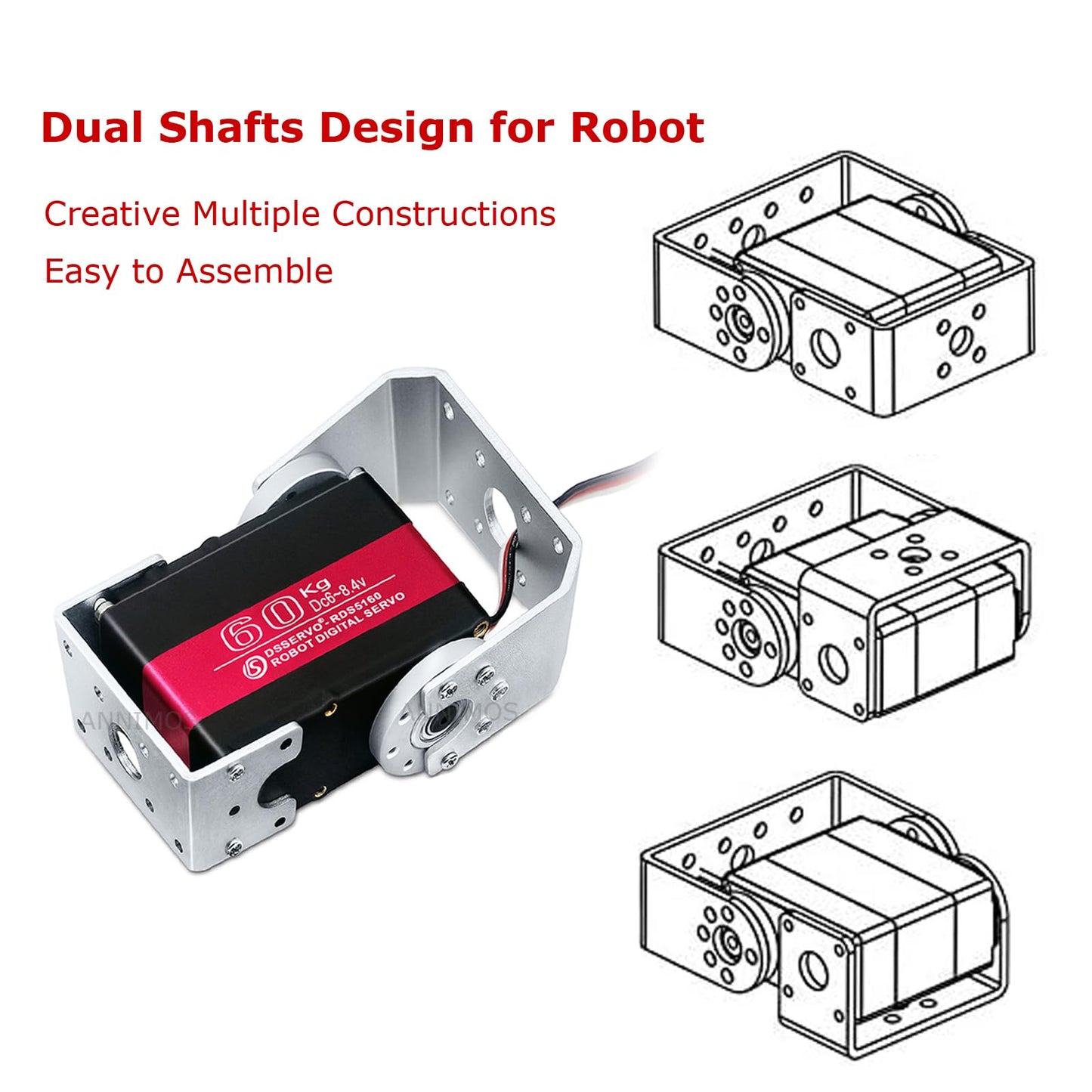 Annimos 60Kg Robot Servo Motor High Torque Stainless Steel Gear Digital Steering Large Servos With Mount Brackets