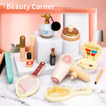 HEELWIRE Wooden Makeup Toy Set for Kids, Girls Imaginative Pretend Beauty Makeup Set Toys, Great Toys for Girls Ages 3+.