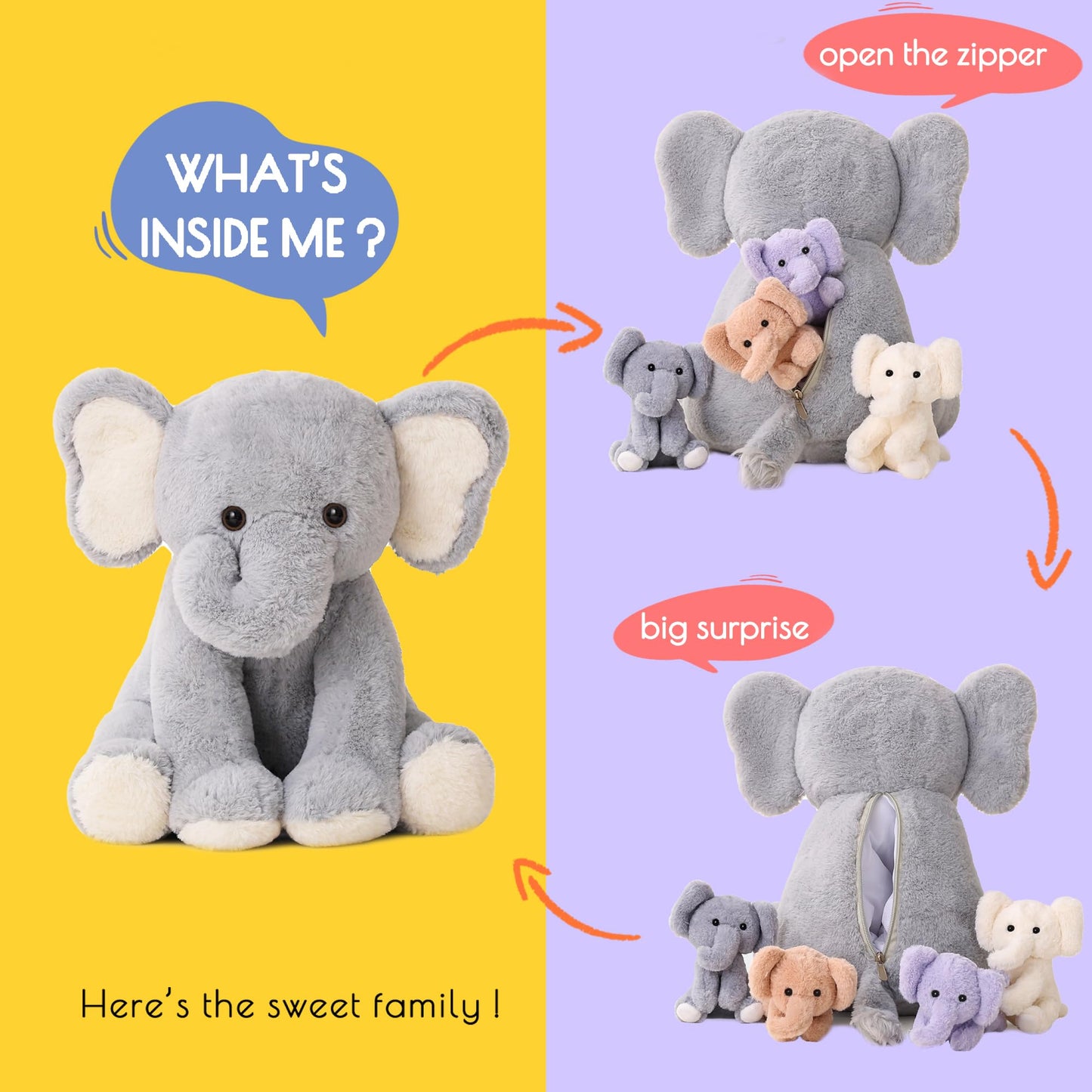 5 Pieces Elephant Stuffed Animals For Girls,1 Mommy Elephant With 4 Babies,Plush Elephant Stuffed Toy Gifts For Kids 3 4 5 6 7 8