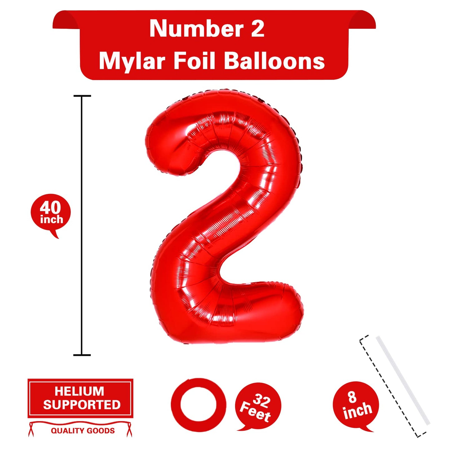 40 Inch Giant Red Number 2 Balloon, Helium Mylar Foil Number Balloons For Birthday Party, 2Nd Birthday Decorations For Kids, Ann