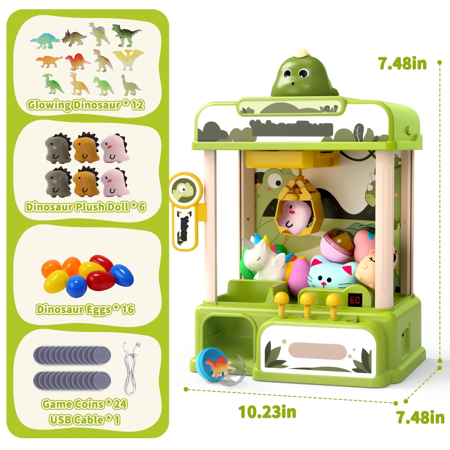Skirfy Dinosaur Claw Machines For Kids,Electronic Arcade Game Vending Machine Toys With 34 Dinosaur Toys & Sound,Candy Dispenser