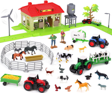 Tuzt Farm Animals Barn House Toys With 3 Tractors For Kids/ Barnyard Playset With Track/ 18 Animals Figures/ Windmill/ Water Tow