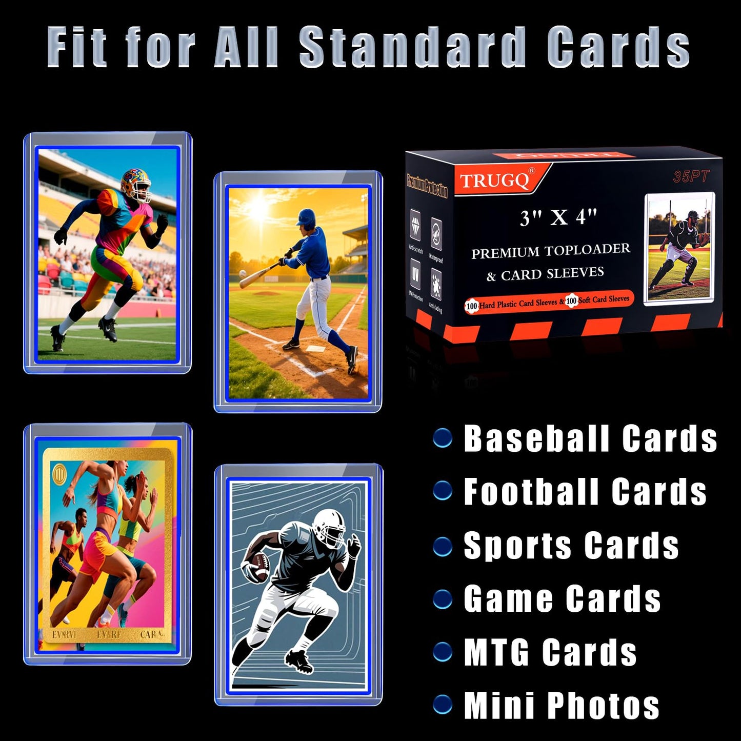 TRUGQ 200 Card Sleeves Toploads for Cards 3 x 4 Baseball Card Protectors enhanced Standard Size Trading Hard Plastic Card Holder for Sports Football Cards(100 Hard Protectors +100 Soft Sleeves)