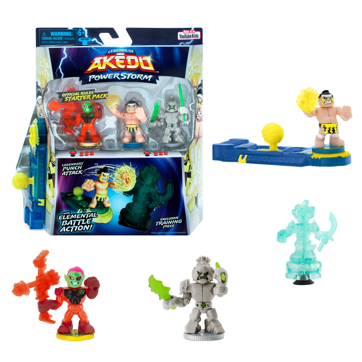 Legends of Akedo Power Storm - Official Rules Starter Pack - Legendary Punch Attack - 3 Mini Battling Warriors with Training Practice Piece and limited availability Joystick Controller
