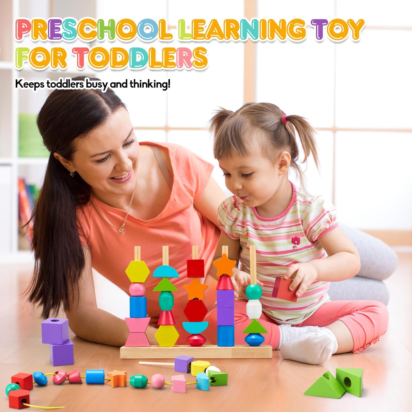 Zgimi Montessori Wooden Toys, Lacing Beads & Stacking Block & Matching Shape Stacker, Montessori Wooden Beads Sequencing Toy Set