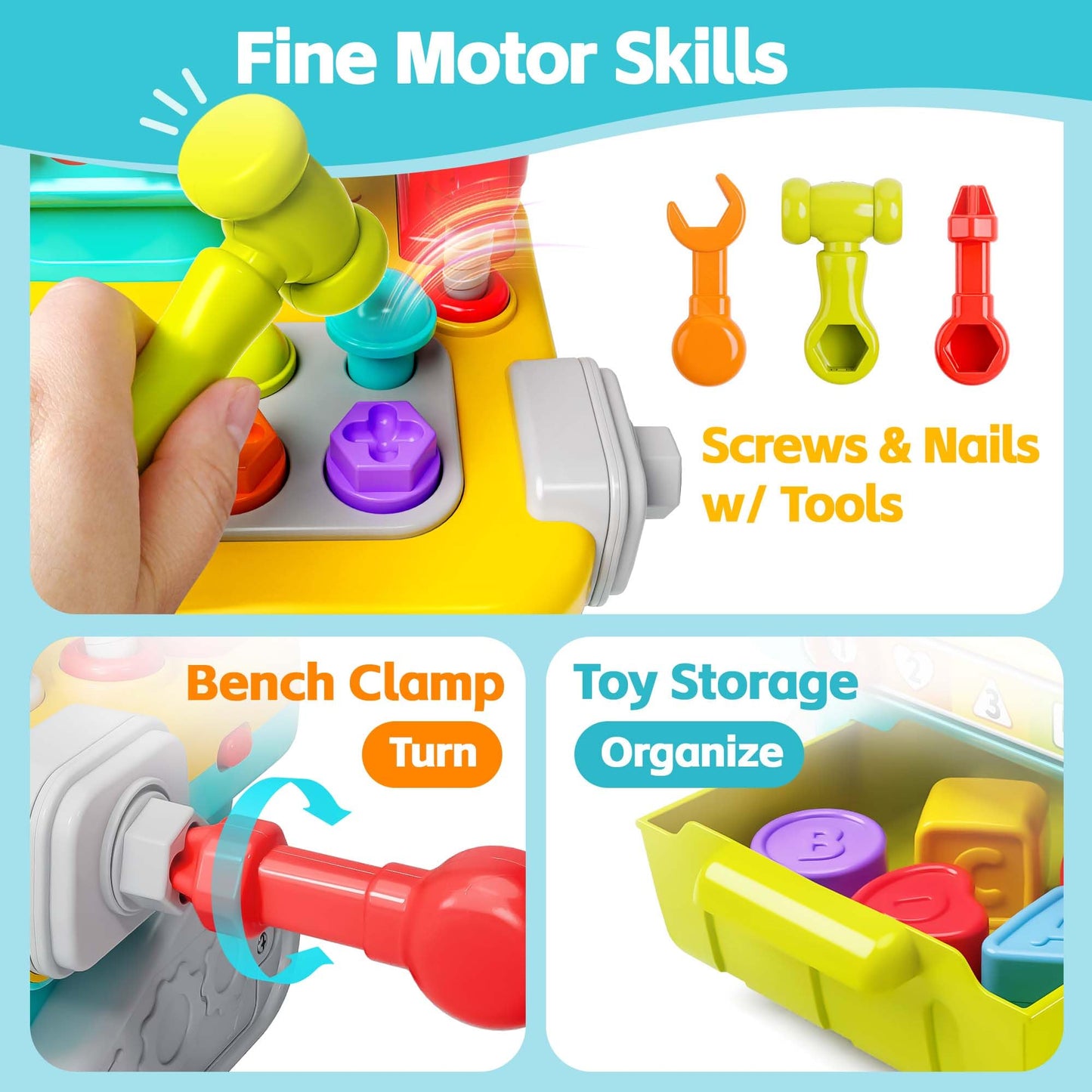 iPlay, iLearn Toddler Musical Workbench - Pretend Play Tool Set, Shape Sorter & Pounding Game for 1-3 Year Old Boys & Girls, Multicolored