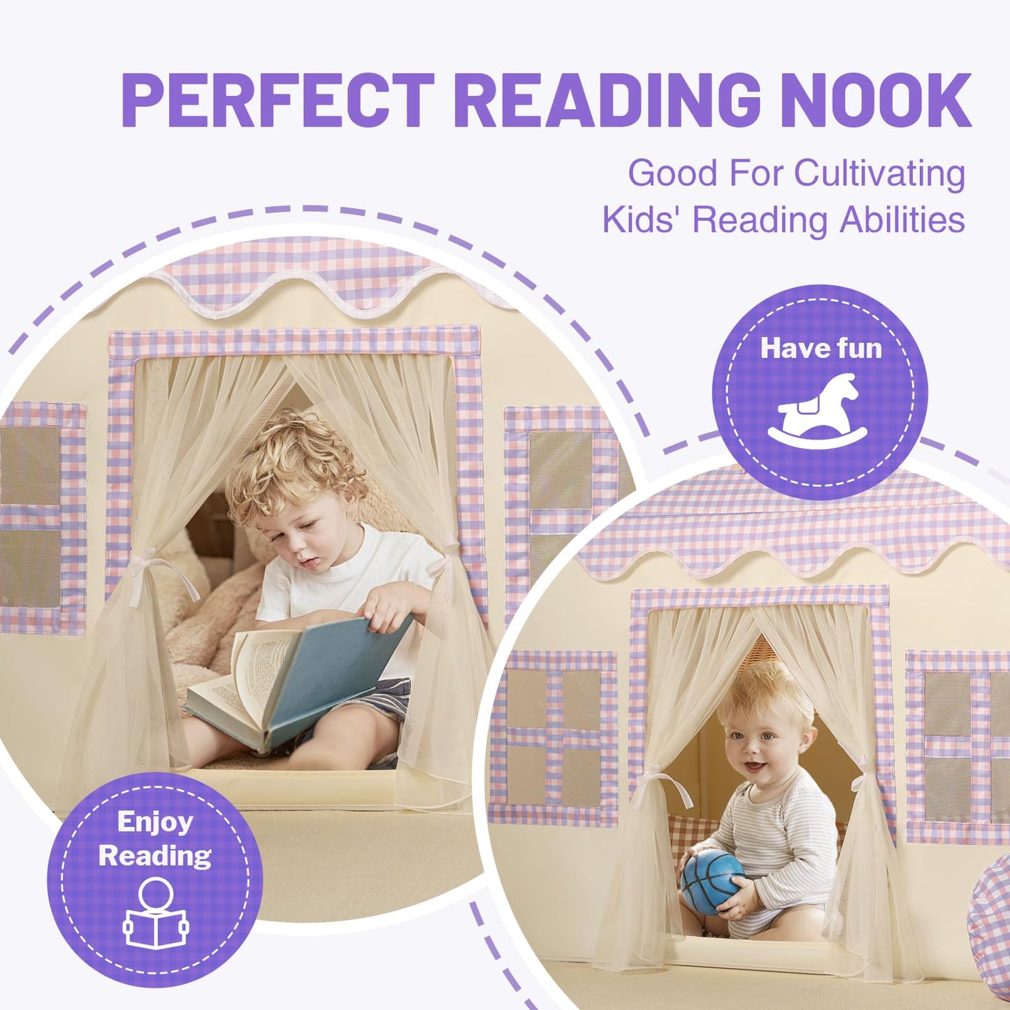 Senodeer Kids Play Tent Indoor: With Mat, Tassel Garland, Star Lights - Purple Checkered Girls Tent Playhouse For Toddlers Kids Toys For Boy Girl Birthday Gift For Kids