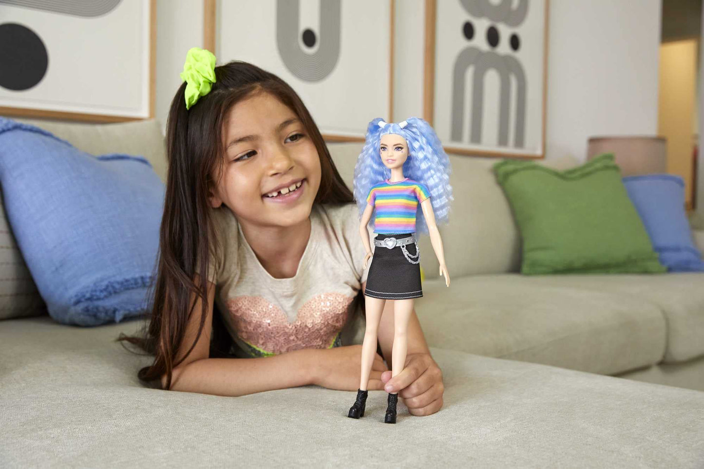 Barbie Fashionistas Doll With Long Blue Crimped Hair, Star Face Makeup, Multi-Color Striped Tee, Denim Skirt, Black Boots & Silv