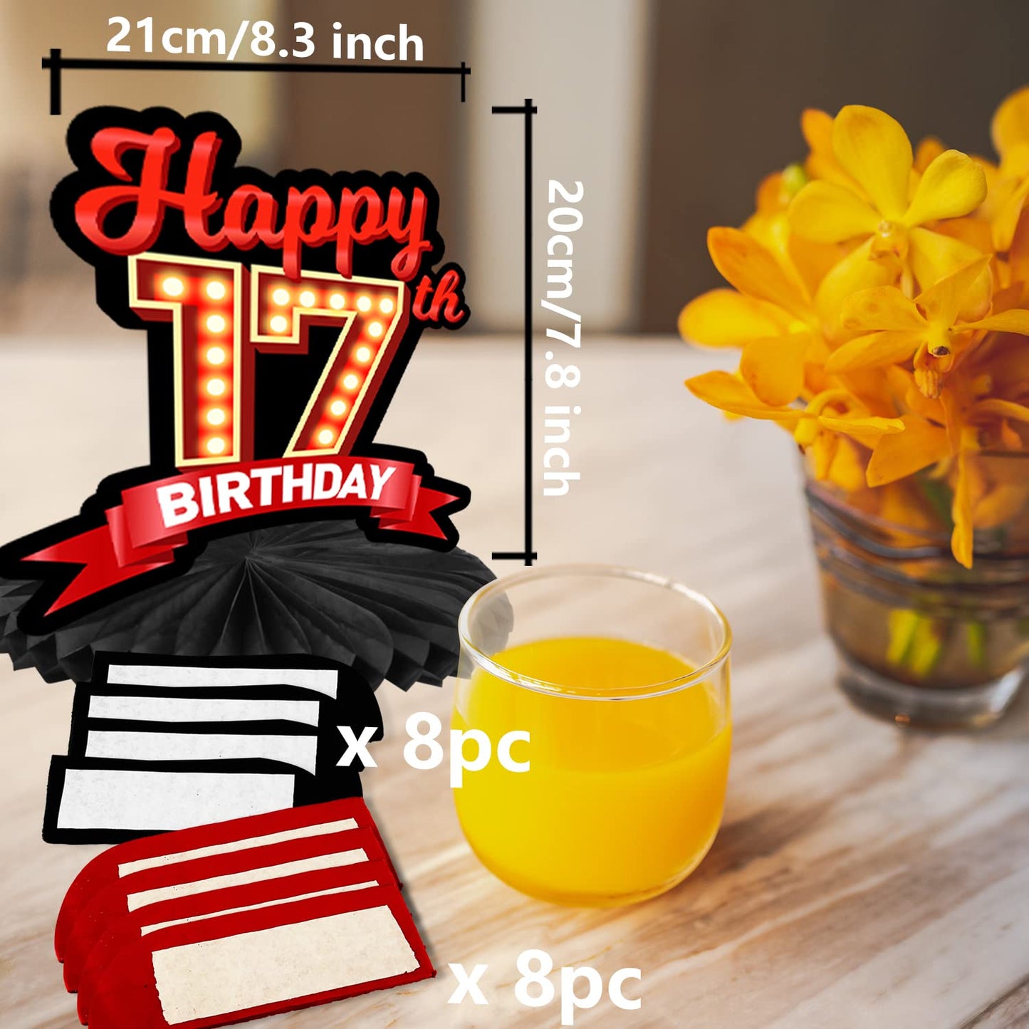 Happy 17th Birthday Red and Black Table Honeycomb Centerpieces Balloons Theme Decor Table Decorations Table Toppers for Girls Wo