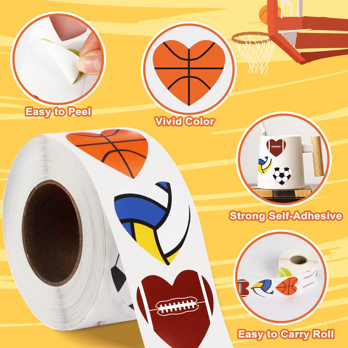 FEBSNOW Sports Stickers for Kids, 600Pcs Valentines Football Basketball Soccer Baseball Self-Adhesive Water Bottle Sticker Heart