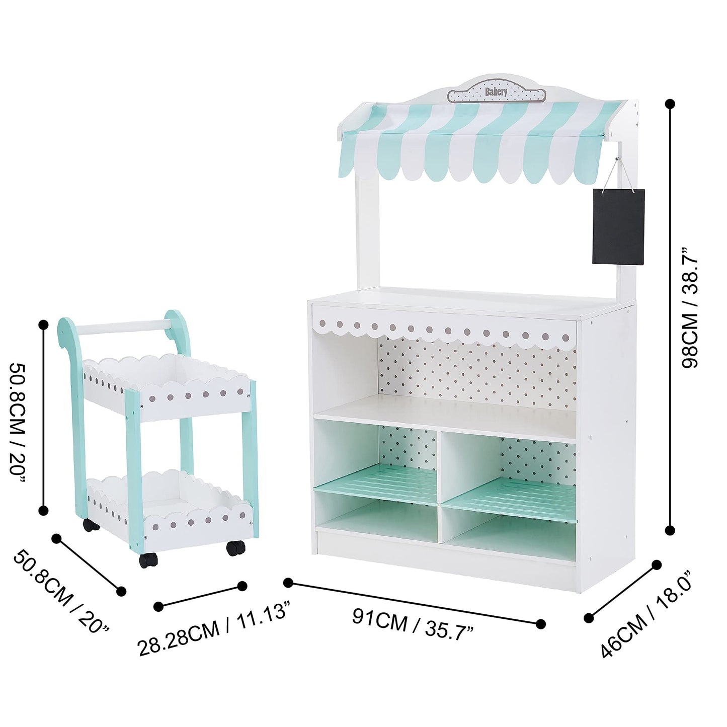 Teamson Kids My Dream Bakery Shop Dessert Stand And Rolling Pastry Cart Interactive Wooden Play Set With 18 Pretend Baked Goods,