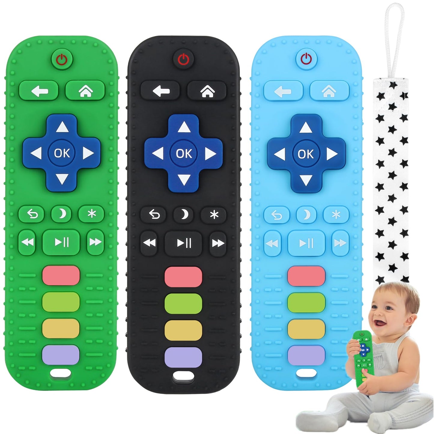 Fu Store 3 Pack Baby Teether Toy Chew Toy For Babies 0-12 Months 6-36 Months Tv Remote Control Shape Teething Relief Baby Toys For Infants Learning Developmental Soothe Babies Gums Gifts Set
