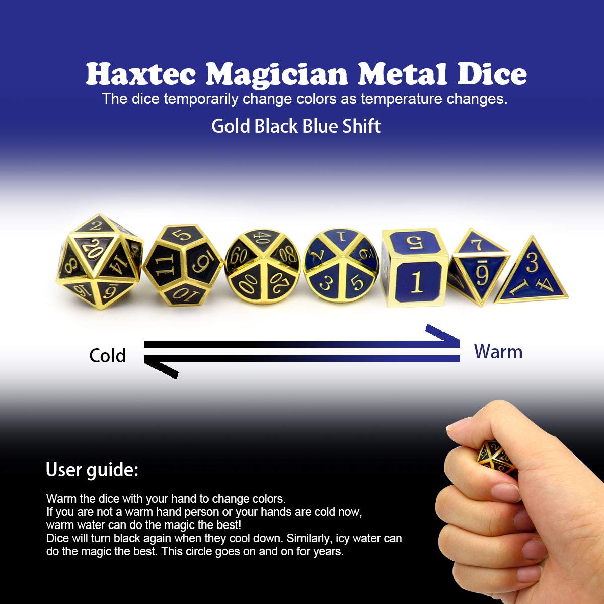 Haxtec Temperature Color Chaning Metal DND Dice Set Gold Blue Polyhedral D&D Dice for RPG Dungeons and Dragons-Gold Black Blue S