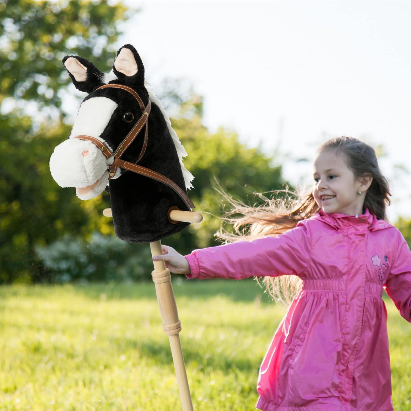 Hollyhome Outdoor Stick Horse With Wood Wheels Real Pony Neighing And Galloping Sounds Plush Toy Black 36 Inches(Aa Batteries Required)