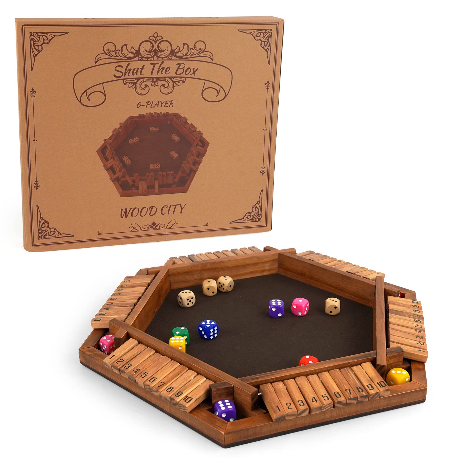 WOOD CITY Shut The Box Game Wooden for 6 Players  Close The Box Math Game for Kids mature-themeds with 16 Dice  6 Way Tabletop Quick Board Game for Family Friends 3+ Years Old in Classroom  Party or Pub