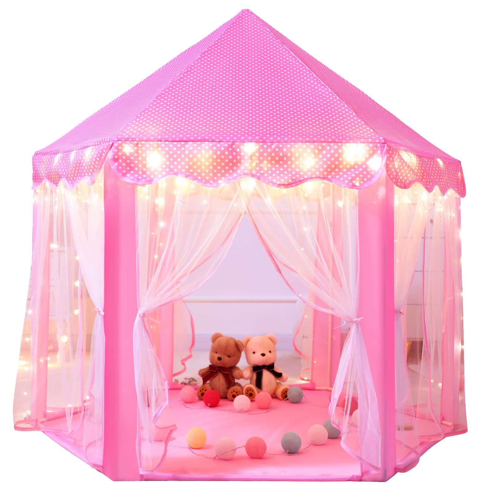 Sumbababy Princess Castle Tent For Girls Fairy Play Tents For Kids Hexagon Playhouse With Fairy Star Lights Toys For Children Or Toddlers Indoor Or Outdoor Games (Pink)
