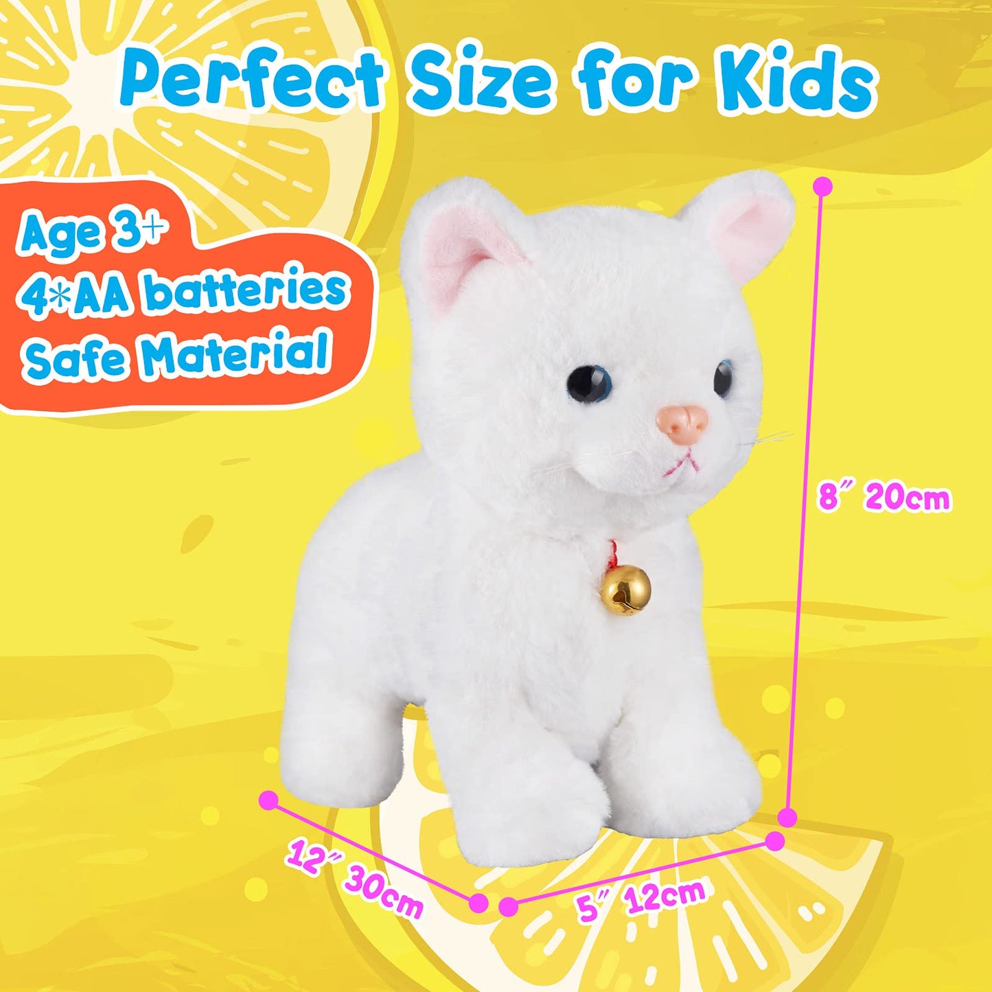 Hcdoujoy White Plush Robot Cat Stuffed Animal Interactive Cat Robot Toy, Robotic Cat Barking Meow Kitten Touch Control, Animated Kitty Cat Pet, Robot Kitty Toy For Baby Birthday H:12'