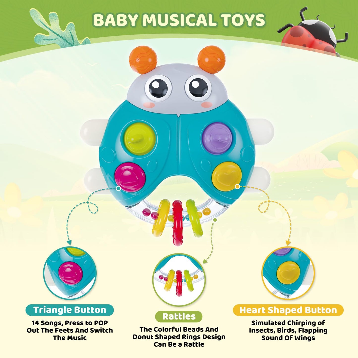 Surdote Ladybug Baby Light Up Toys With Rattle Led Light Music, Interactive Educational Fine Motor Development Toy For 3-6-12-18