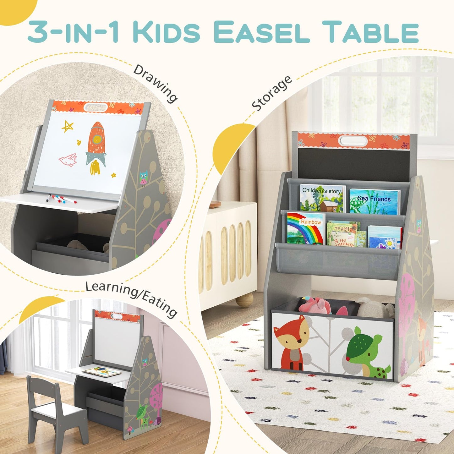 Costzon 3 in 1 Kids Easel with Chair, Wooden Art Table with Adjustable Double-Sided Magnetic Whiteboard & Blackboard, Bookshelf,