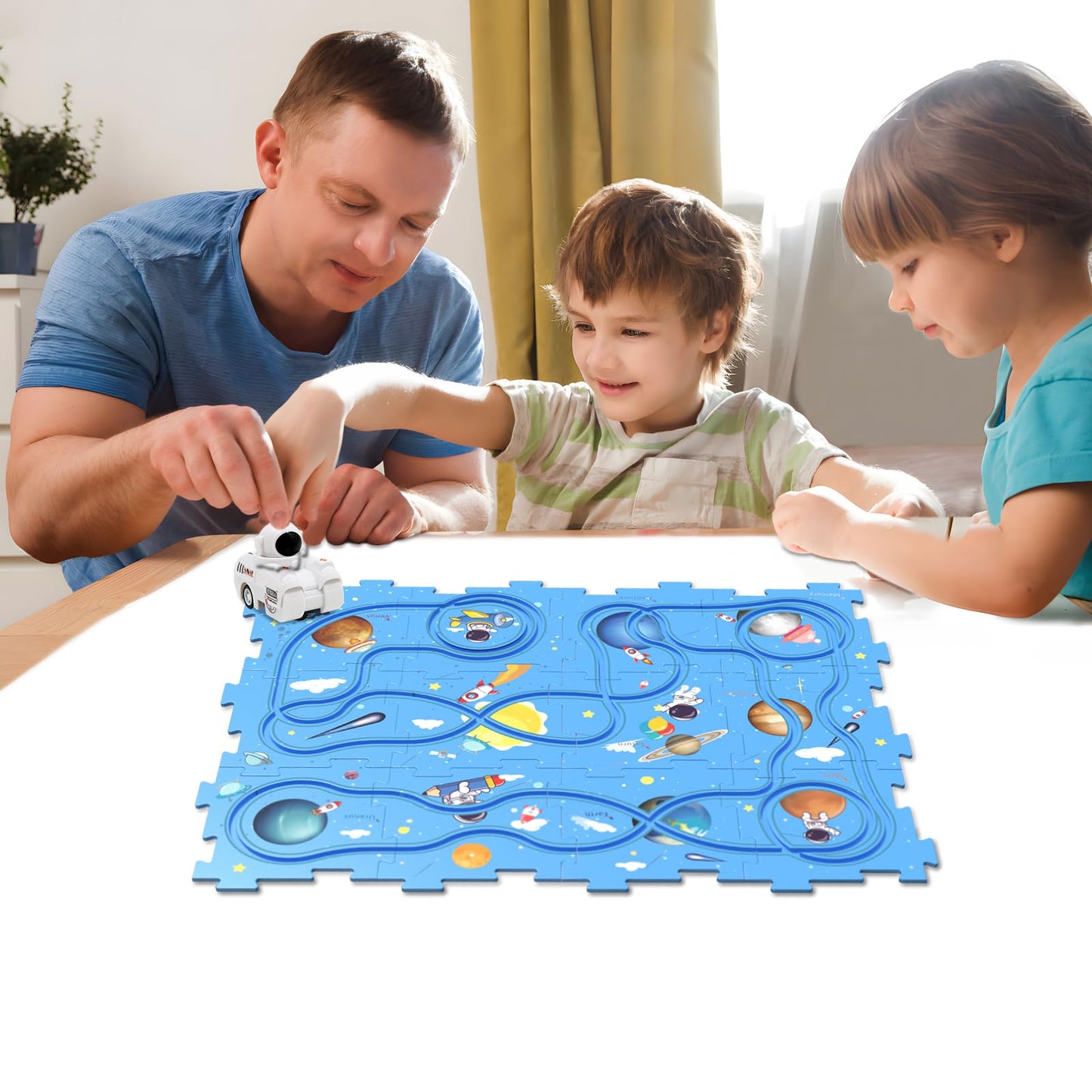 Puzzle Track Educational Play Set-Plastic Jigsaw Board & Battery Operated Toy Vehicles, Montessori Toys For Kids Ages 3-5, 2-4 Y