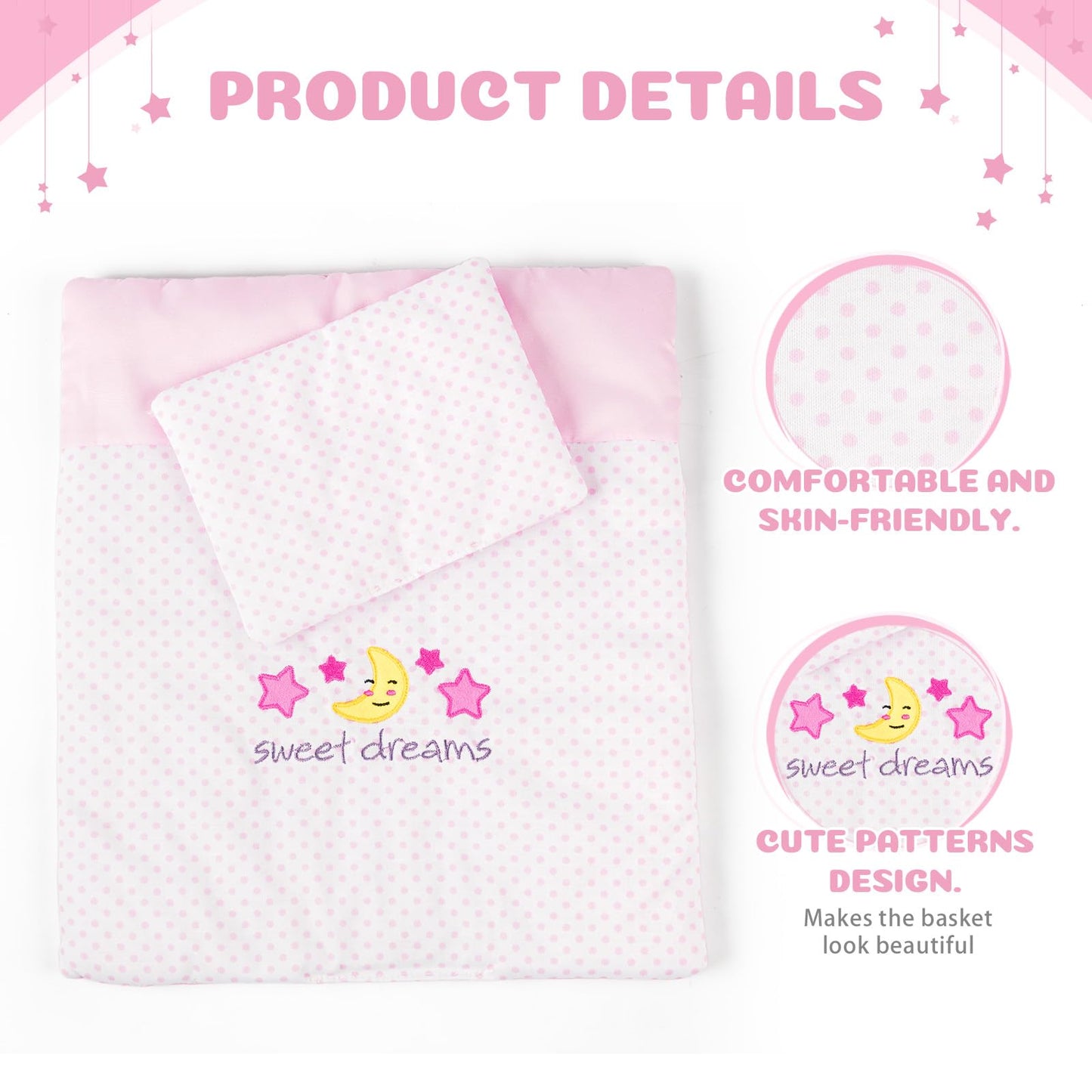 Babeside 2 Pcs Baby Doll Bedding Set For 12-15 Inch Dolls, Pink Polka Dot Baby Doll Blanket And Pillow Set With Cute Moon & Star
