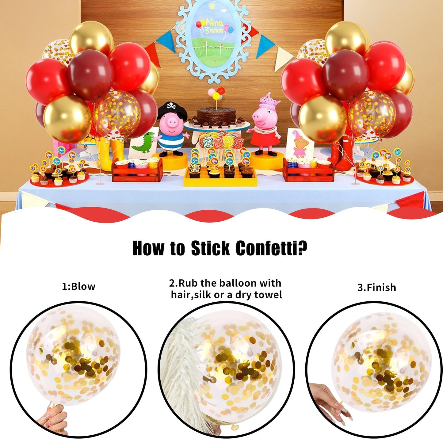 Red And Gold Balloons, Gold And Red Balloons Set With Gold Confetti Metallic Gold Balloons, Globos Rojos Red And Gold Party Deco