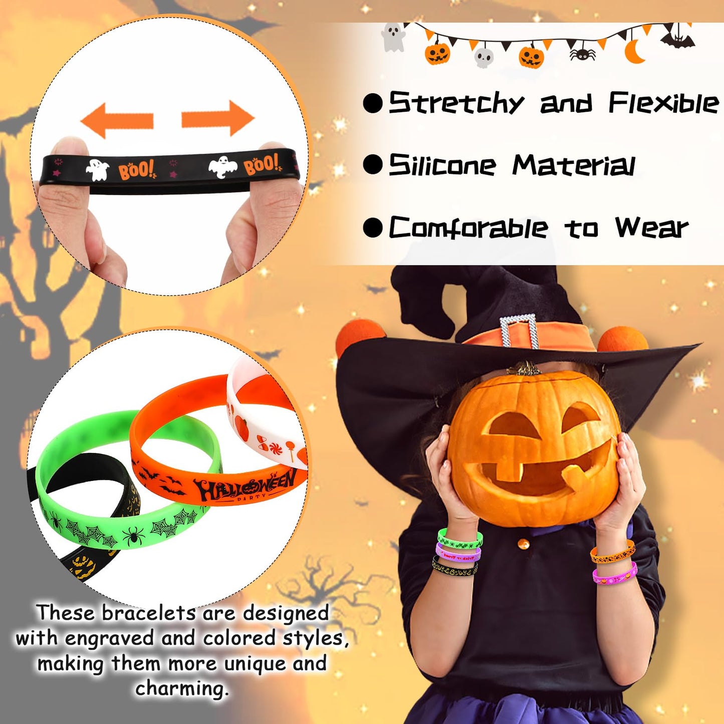 JUNEBRUSHS Halloween Party Favors, 24pcs Halloween Silicone Bracelets Rubber Wristbands for Halloween Party Decorations Trick or