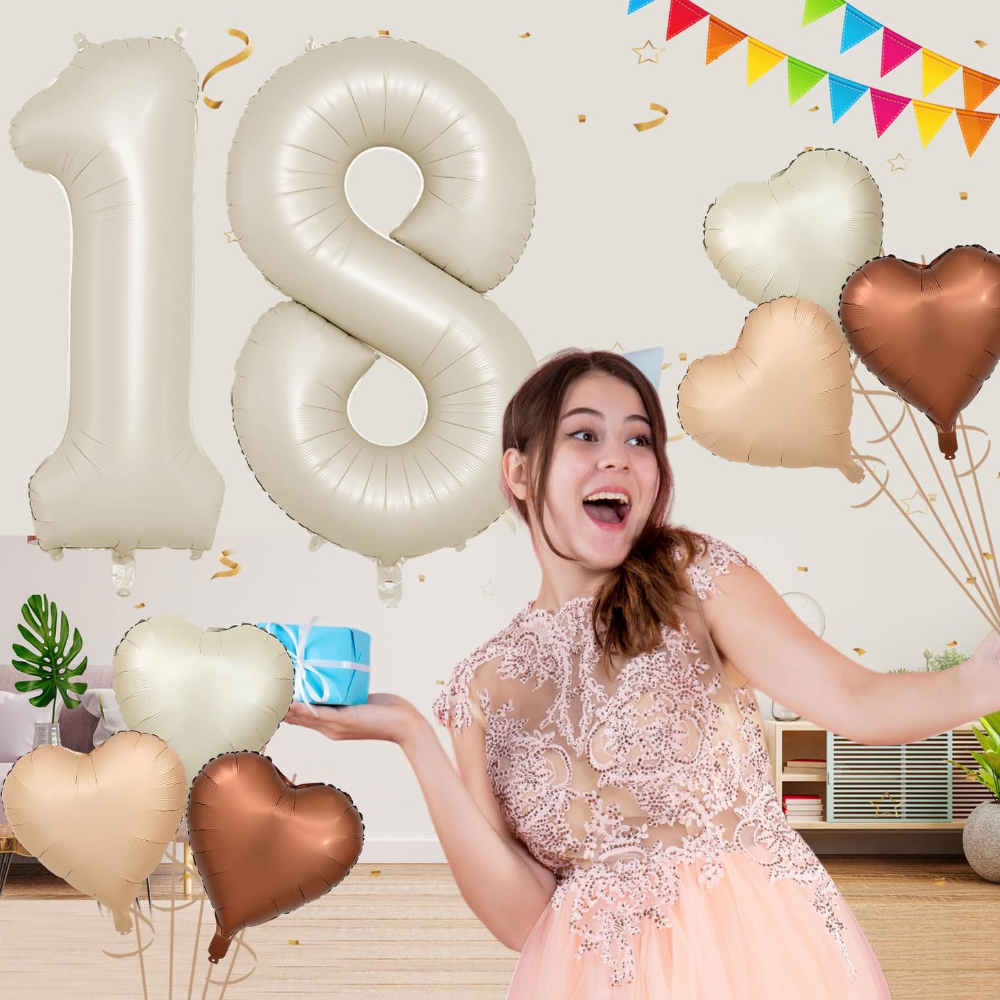 Biapian 40 Inch Cream Number 18 Balloons, 8Pcs Large Foil Number 1 & 8 Balloons With 18'' Cream White Heart Balloon Helium For 1