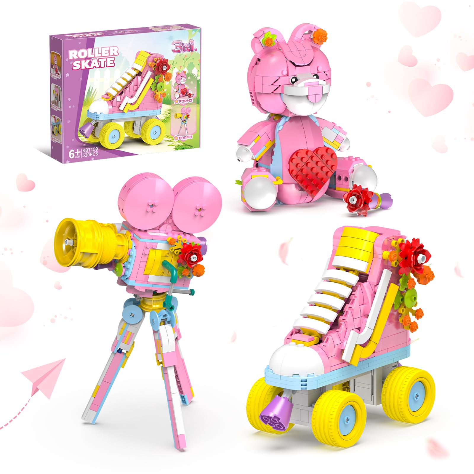 3-in-1 Creator Building Set, 520Pcs Compatible with Lego, Roller Skate, Heart Bear with Rose and Movie Projector, Ideal Gift for