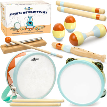 Miniartis Toddler Musical Instruments - Montessori Musical Toys For Toddlers 1-3 | Modern Boho Baby Drum Set With Neutral Colors