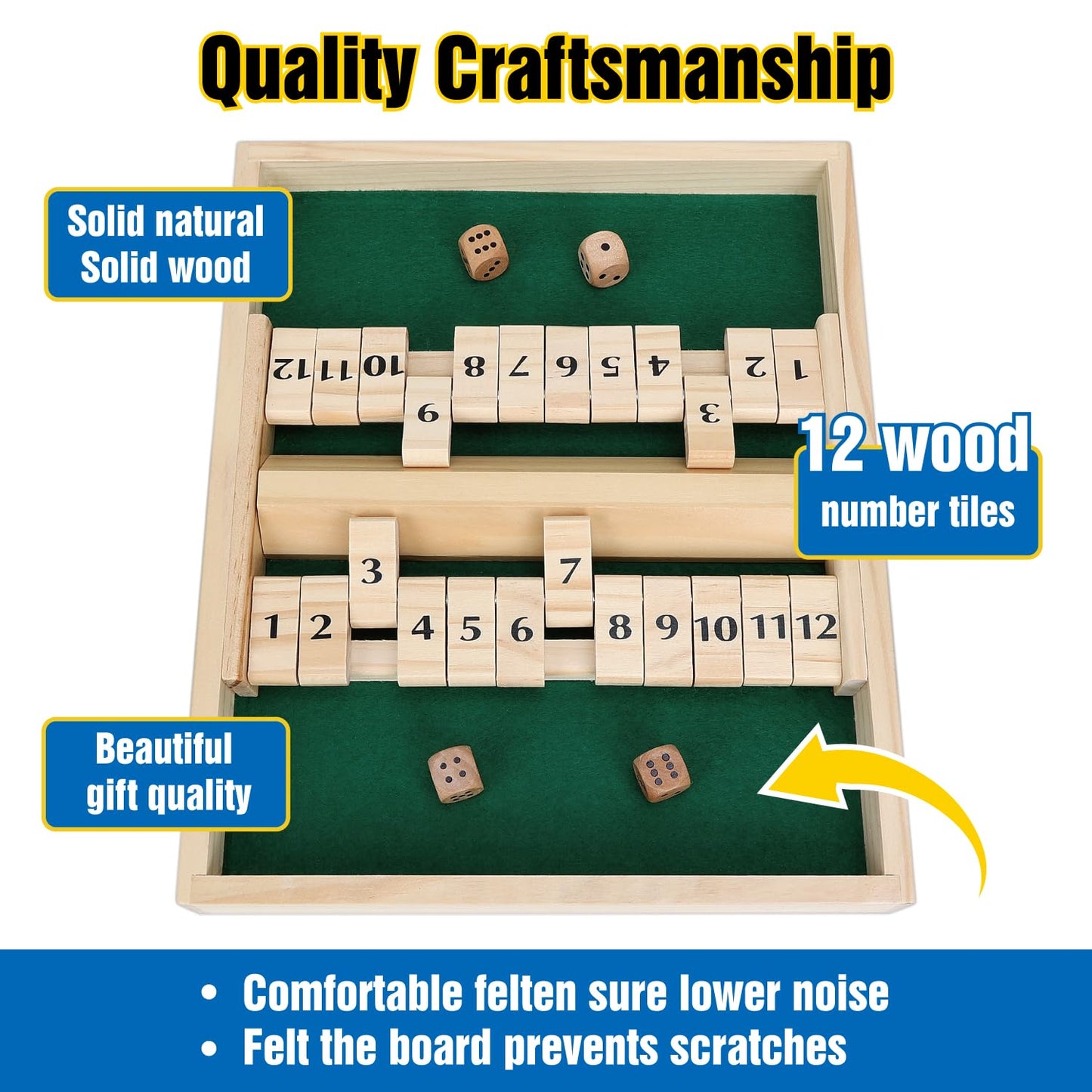 Gothink Wooden Shut The Box Game - Dice Game For 2 Player, Board Game, Classics Tabletop Version With 4Pcs Dices, Popular Pub Bo