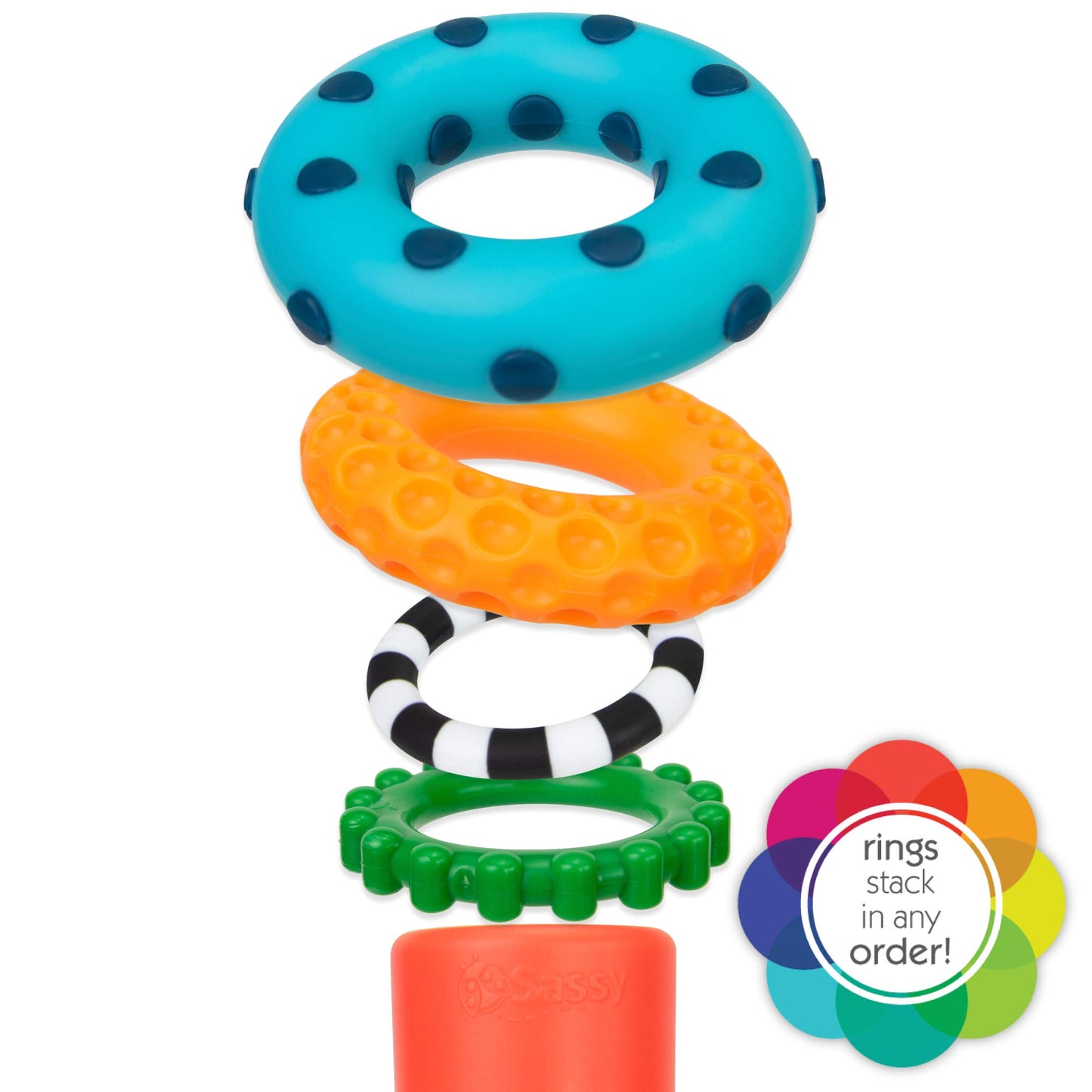 Sassy Stacks of Circles Stacking Ring Toy, 9 Piece Set, Multi, Plastic, for Ages 6+ Months, Model 80795FAAM