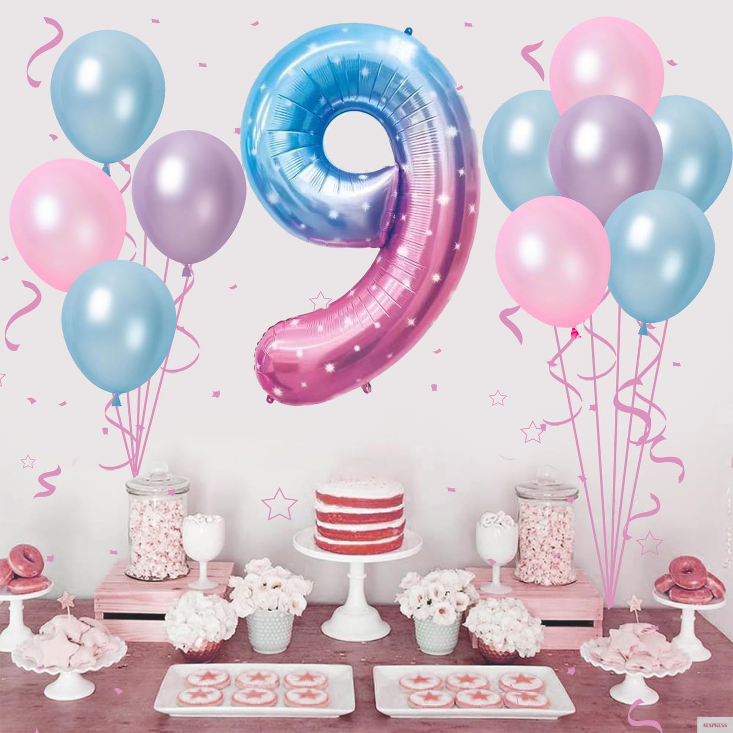 40 Inch Gradient Blue Pink Number 9 Balloon, 9Th Birthday Balloons, 11Pcs Pearl Light Purple Pink Blue Latex Balloons 9 Foil Bal
