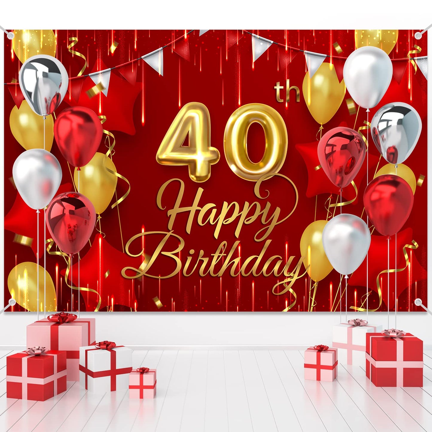 40th Birthday Backdrop Banner Decorations Red and Gold for Women Men Happy 40 Years Old Bday Background Photography Party Decor