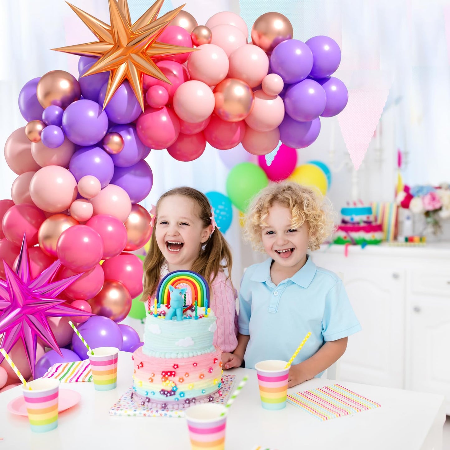 Pink Purple Balloon Arch Kit, Pink Purple Balloon Garland With Rose Red Pink Purple Rose Gold Latex Balloons And Star Foil Ballo