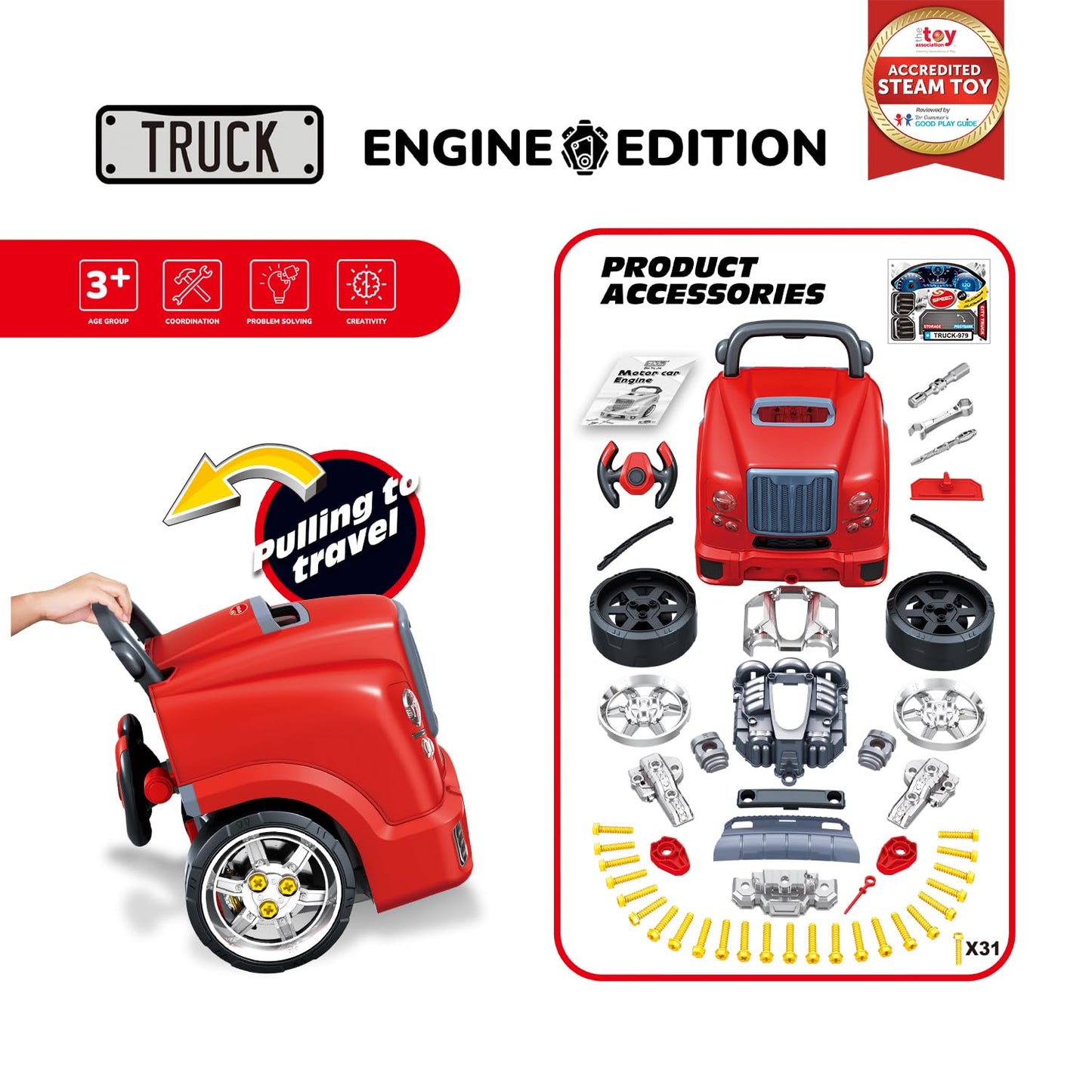 KOOL KARZ PLAYGROUND Big Truck Engine Repair Toy Set - The Ultimate Play Mechanic Experience for Kids (Red) - ACCREDITED STEAM T