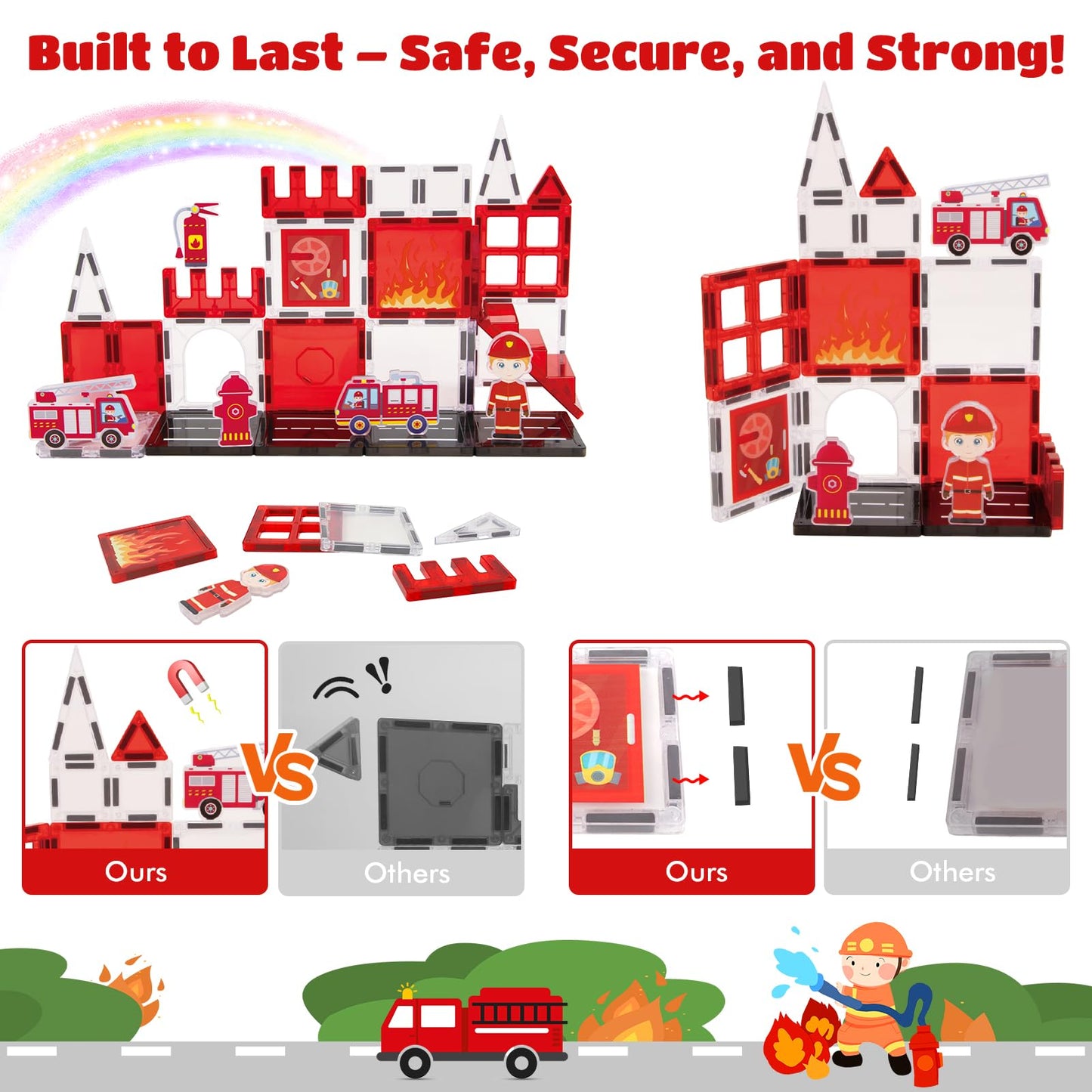 Xiapia Magnetic Tiles Firefighter Theme, Magnetic Tiles For Kids Ages 4-8, Fire Station Magnetiles For Kids 3-5, Travel Magnet B