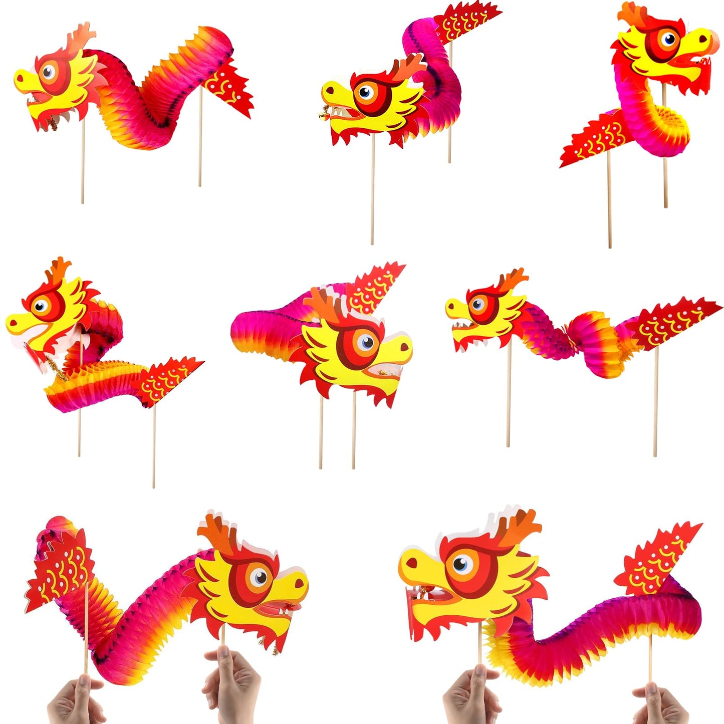 IRmm 8PCS Chinese New Year Paper Dragon, DIY 3D Dragons Hanging Garland Crafts, Handheld Chinese Paper Dragon Toys for Kids, Chi