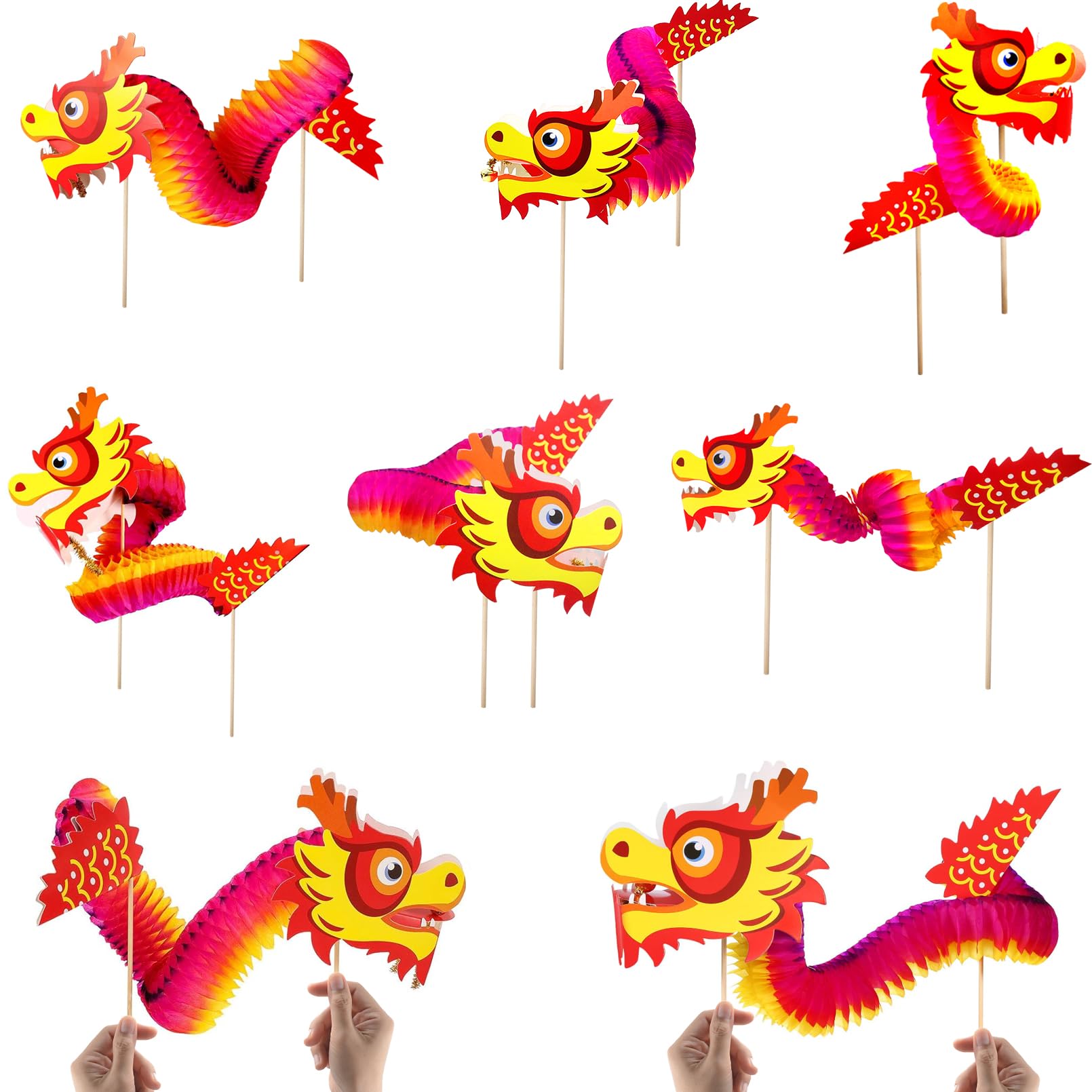 IRmm 8PCS Chinese New Year Paper Dragon, DIY 3D Dragons Hanging Garland Crafts, Handheld Chinese Paper Dragon Toys for Kids, Chi