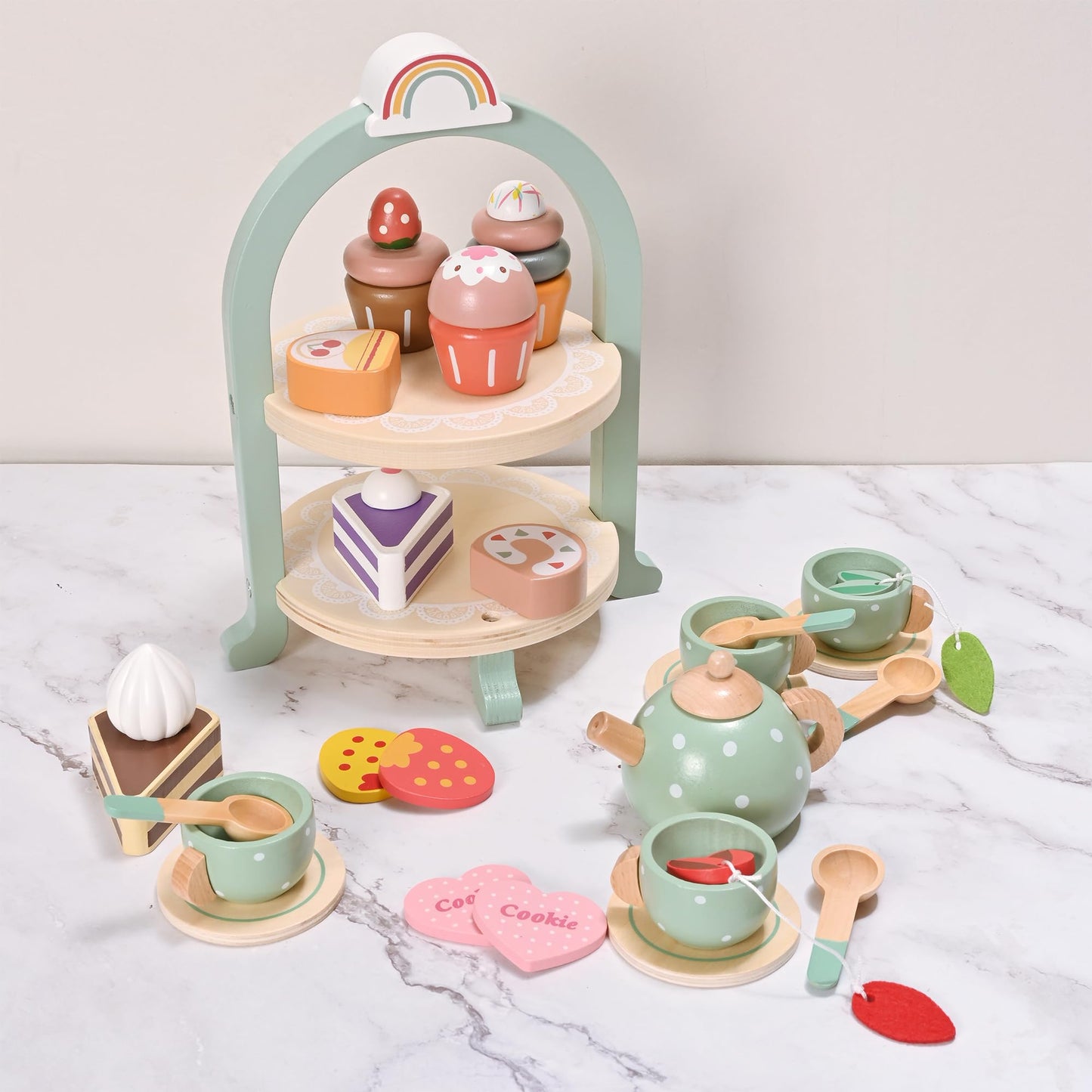 MONT PLEASANT 27pcs Wooden Tea Set for Little Girls, Toddler Tea Set Wooden Toys Play Kitchen Accessories with Cupcake Stand, Ki