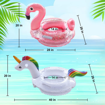 Fudragtn Inflatable Flamingo Unicorn Pool Floats For Kids, 2 Pack Swim Rings With Safety Seat And Handle, Pool Tubes For Floatin
