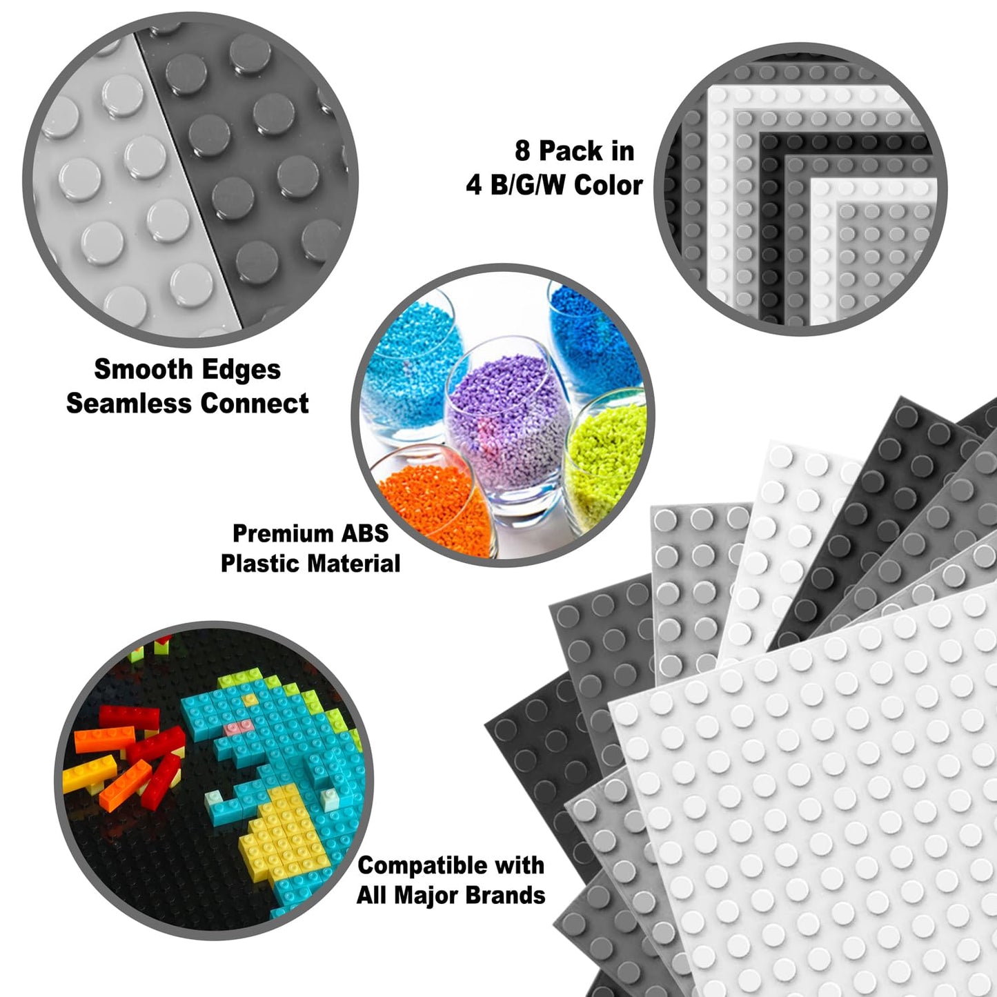 Bestoyz Building Bricks Baseplates Multipack 32X32 Stud, 8 Pack Of Base Plates In Color Of Black, Dark Grey, Light Grey & White, Foundation & Display For Building Blocks, 10X10 In. (25.5X25.5 Cm)