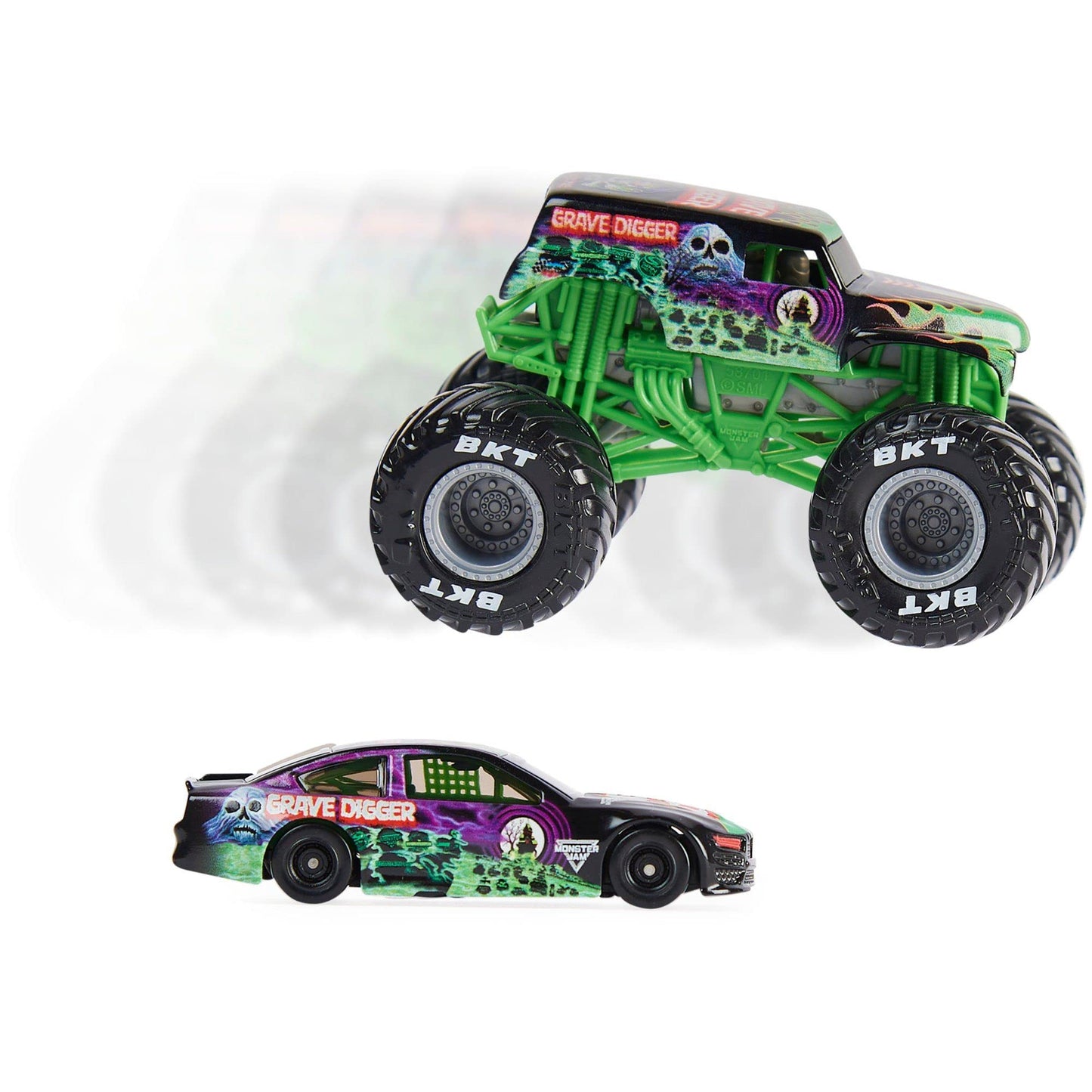 Monster Jam 1:64 Scale Diecast 2-Pack - Grave Digger Monster Truck & Race Car - Various Colors