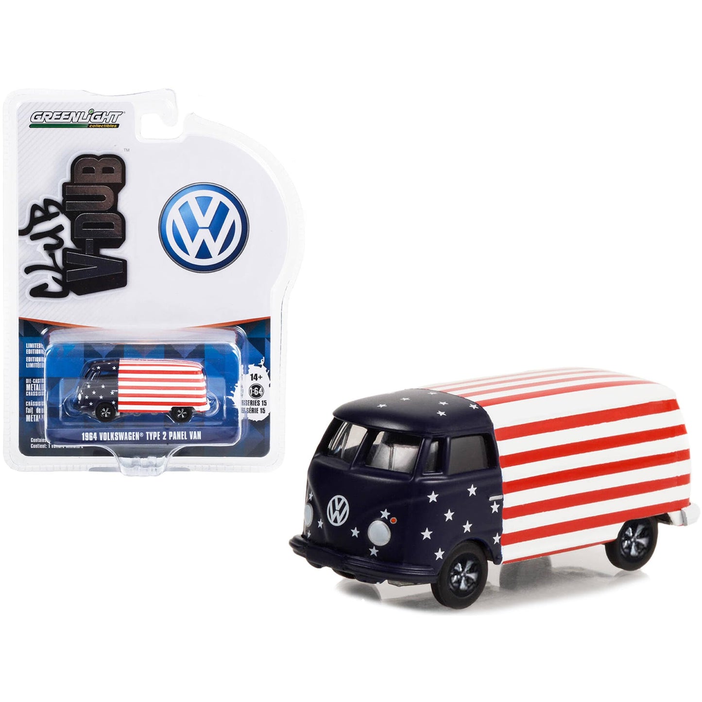 1964 Volkswagen Type 2 Panel Van American Flag Livery Club Vee V-Dub Series 15 1/64 Diecast Model Car By Greenlight
