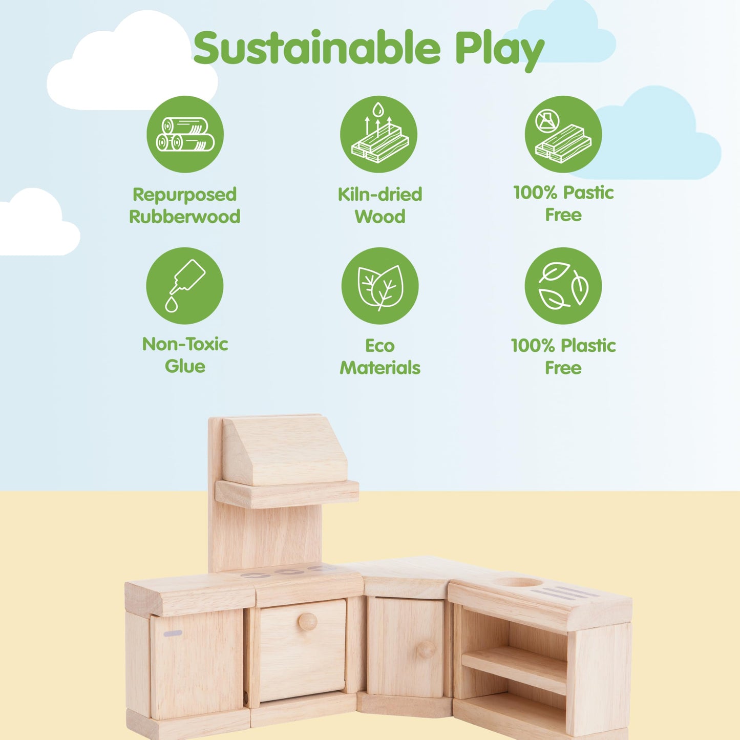 Plantoys Wooden Classic Line Of Dollhouse Furniture- Kitchen Set (9013) | Sustainably Made From Rubberwood And Non-Toxic Paints