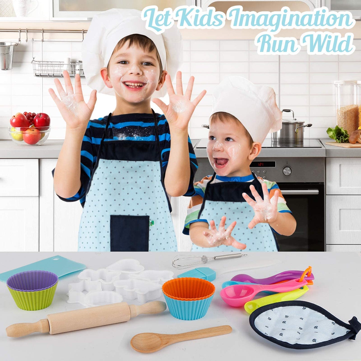Vanmor Kids Basic Cooking And Baking Sets, 26 Pcs Kids Baking Sets With Kids Chef Hat And Apron For Girls Boys Toddler Dress Up