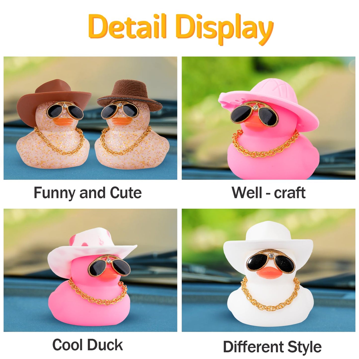 Wonuu Car Dashboard Rubber Duck Ornament, Car Decoration Colour Ducks Accessories With Mini Hat Necklace And Sunglasses, G-Brown